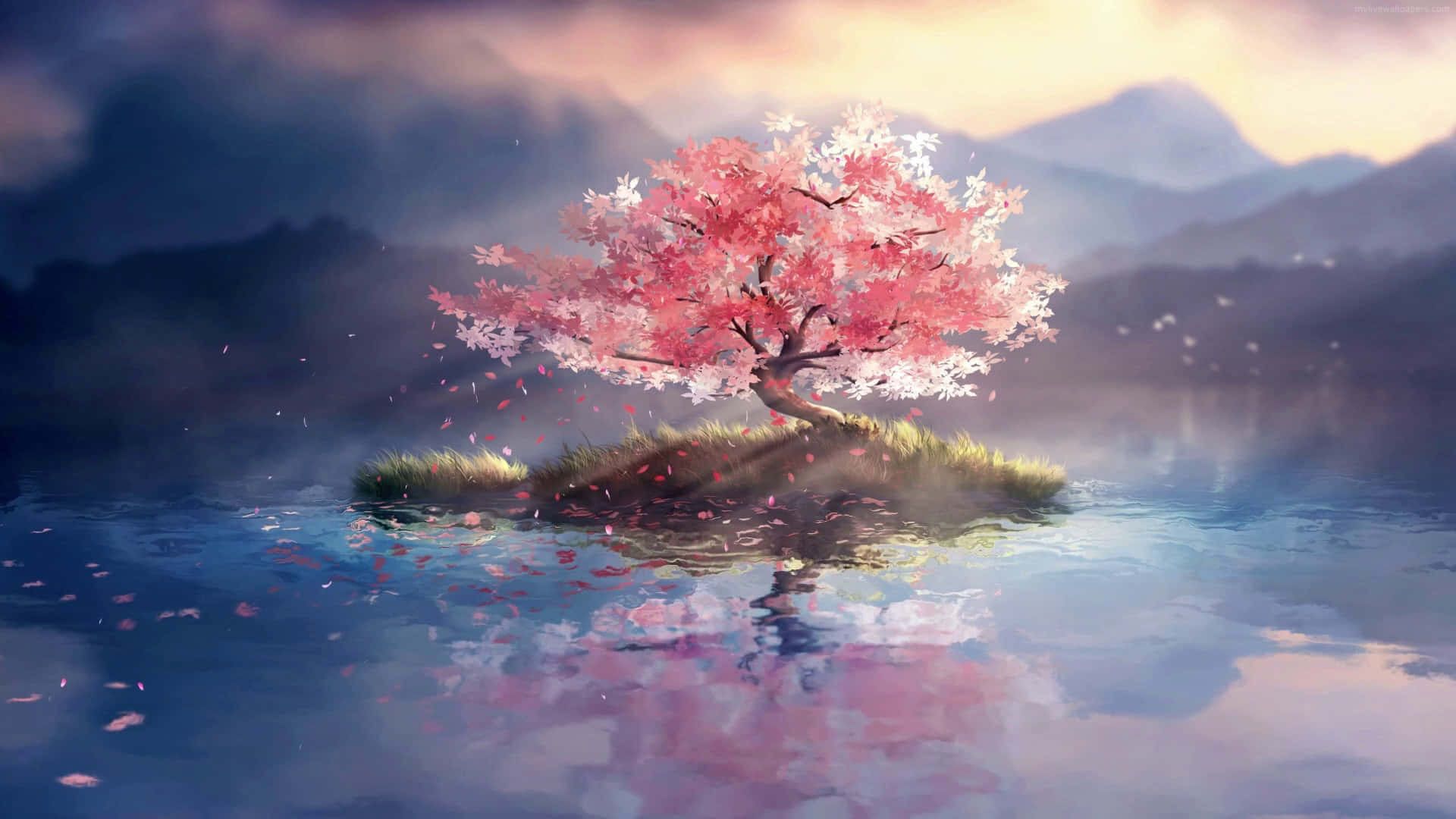 Serene Cherry Blossom Island Anime Scene Background
