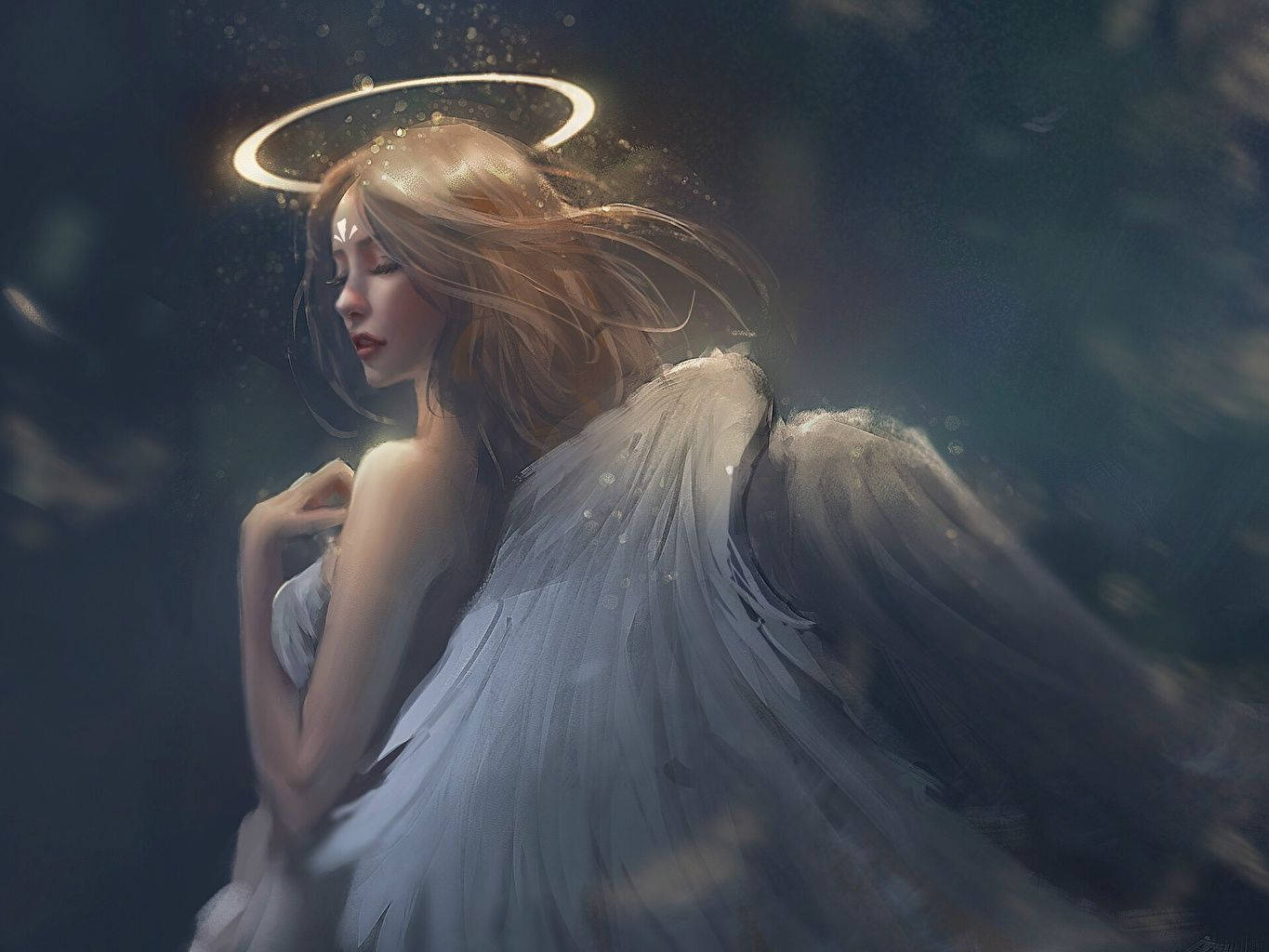 Serene Divine Beauty: Angelic Figures With Glowing Halos Background