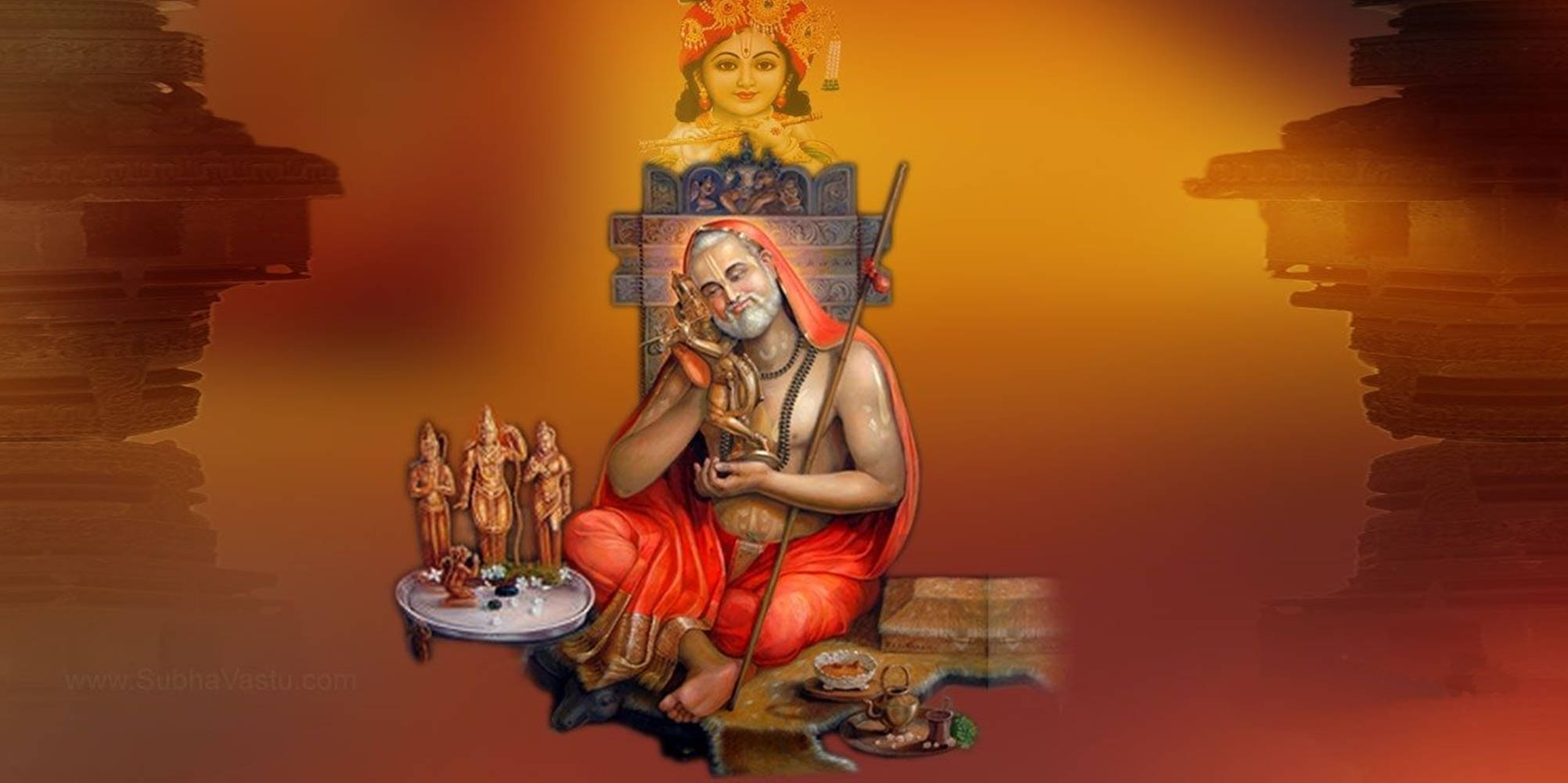Serene Divine Scene - Lord Raghavendra Surrounded By Sacred Indian Statues.