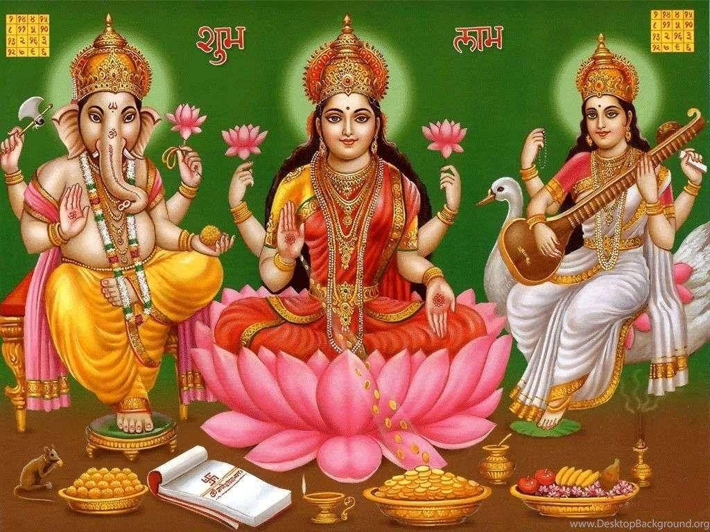 Serene Divine Trio: Goddess Lakshmi, Saraswati, And Lord Ganesh