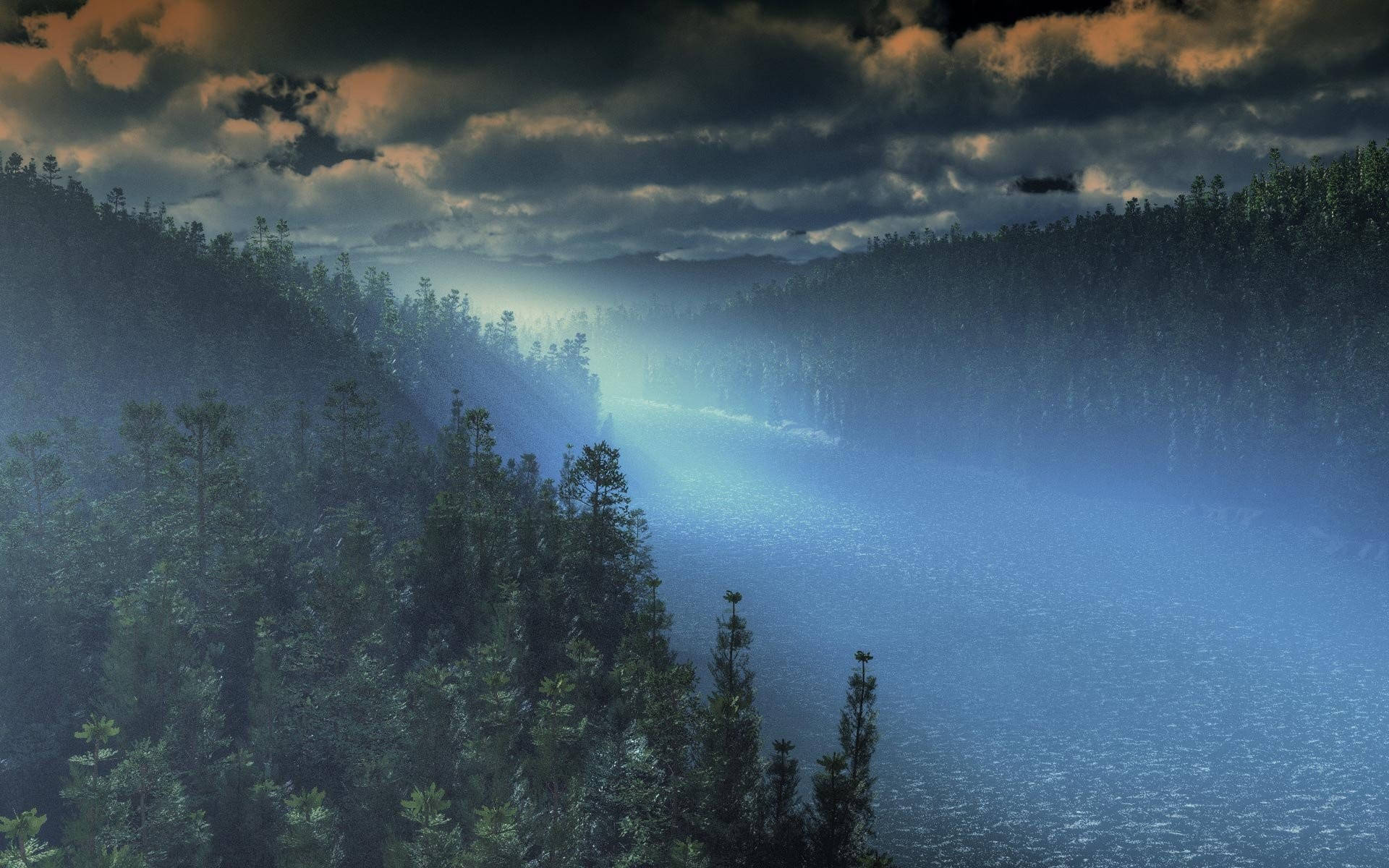 Serene Foggy Forest Landscape Background