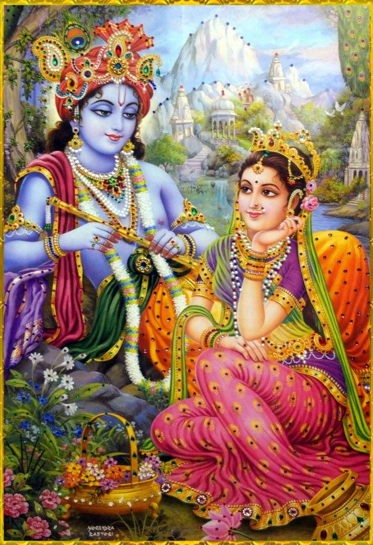 Serene Gaze Of Divine Love - Krishna And Radha In A Beautiful Garden Background
