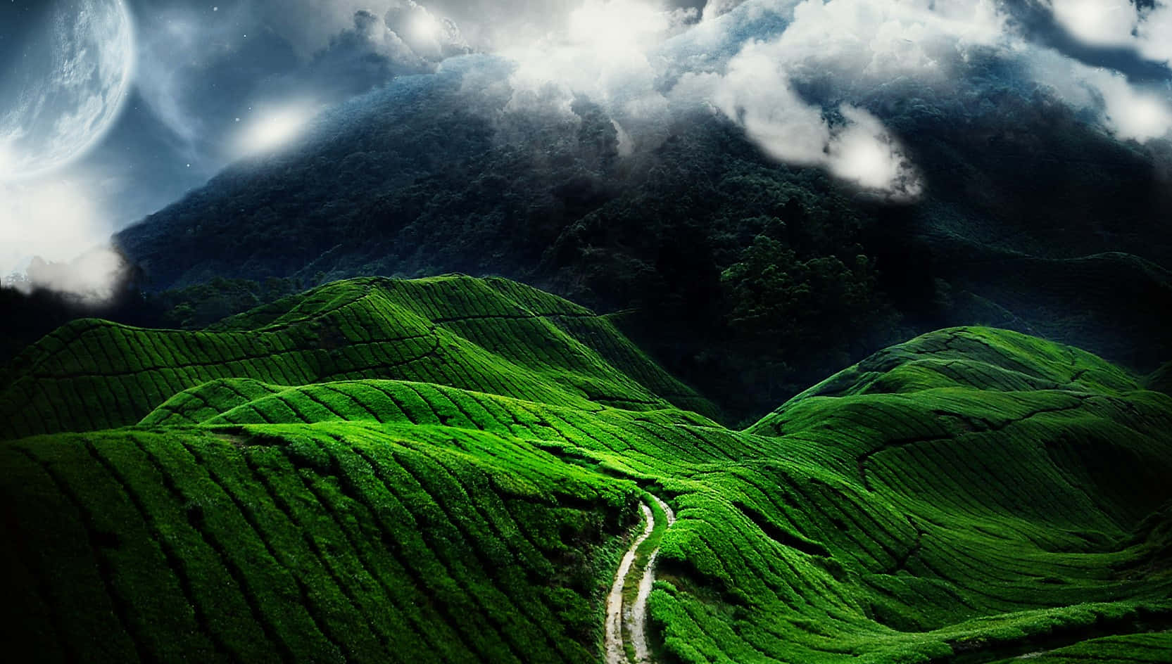 Serene Lagoon Under A Mountainous Sky Background