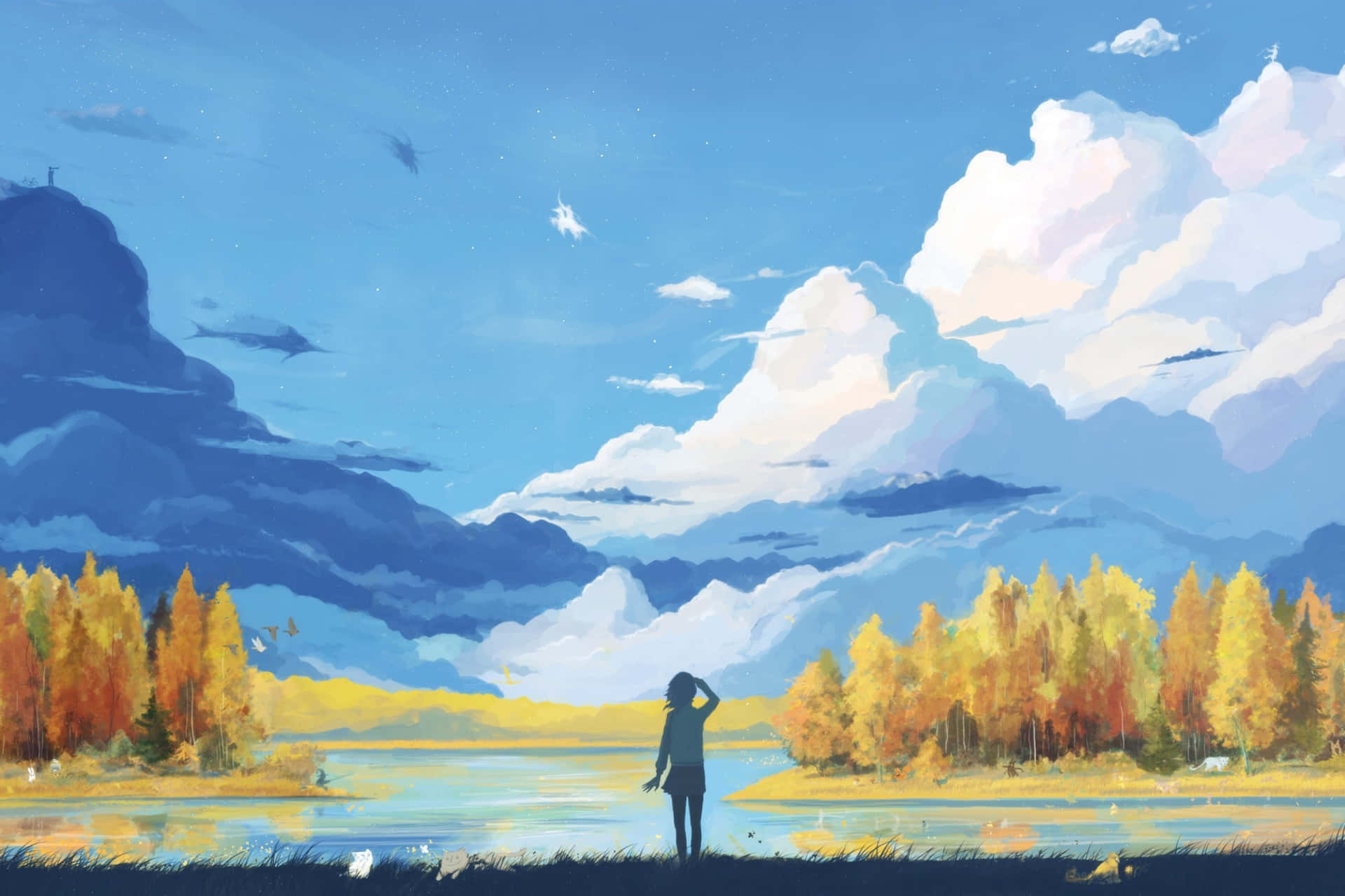Serene Lakeside Anime Art Background