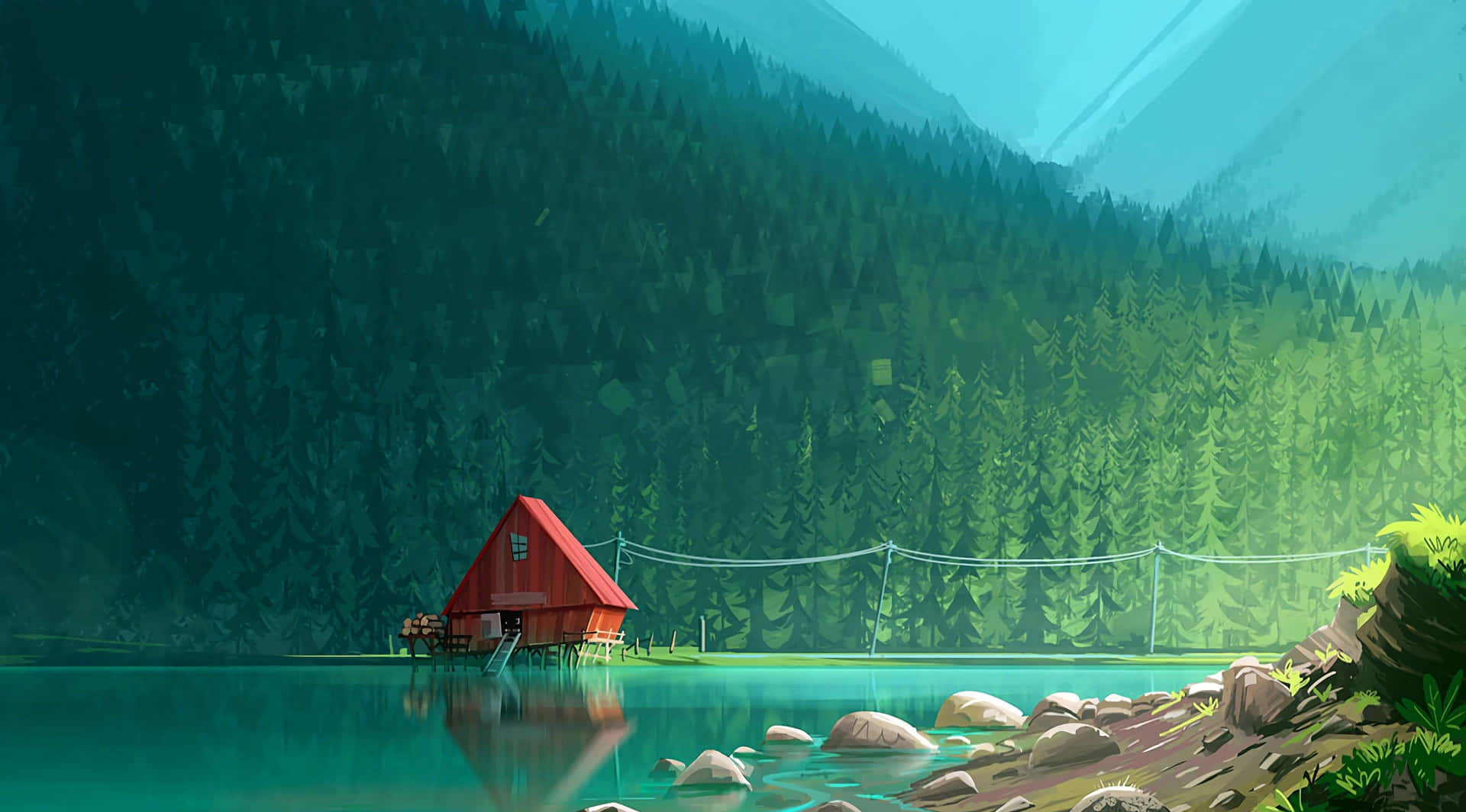 Serene Lakeside Cabin Illustration Background