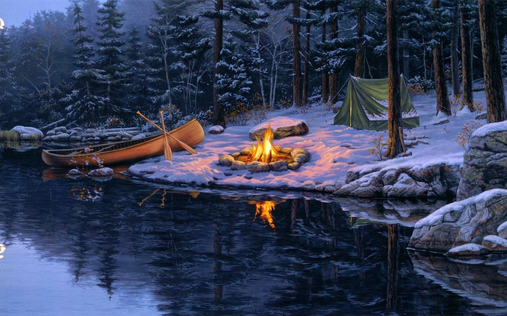 Serene Lakeside Camping Experience With Boat Background