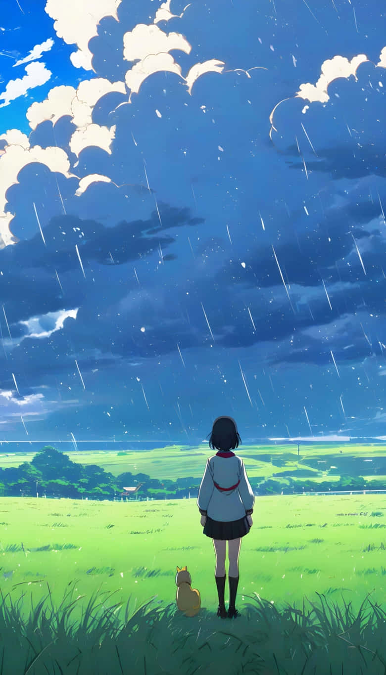 Serene Rainy Countryside With Anime Girl And Cat
