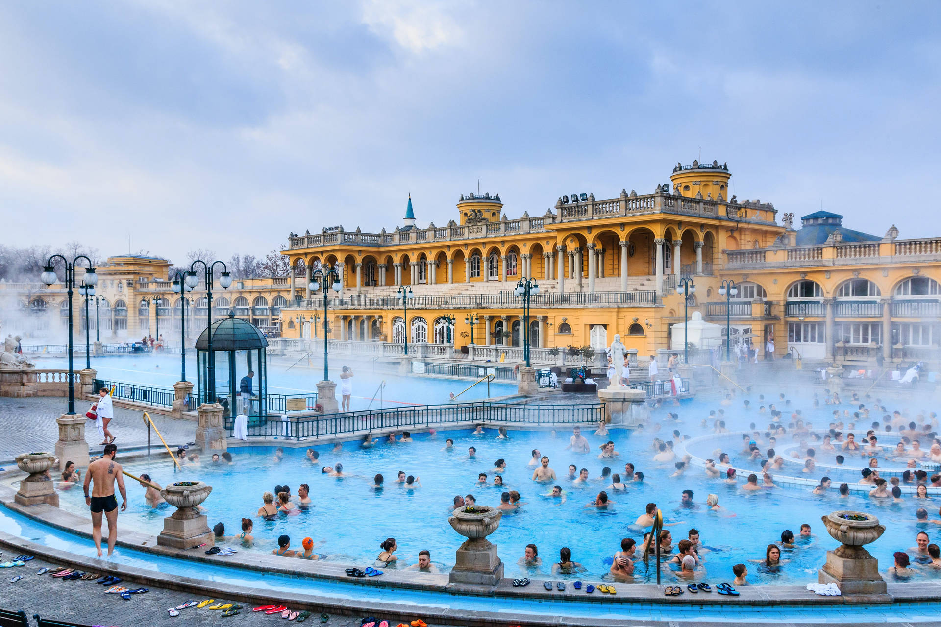 Serene Thermal Spa In Hazy Budapest Background