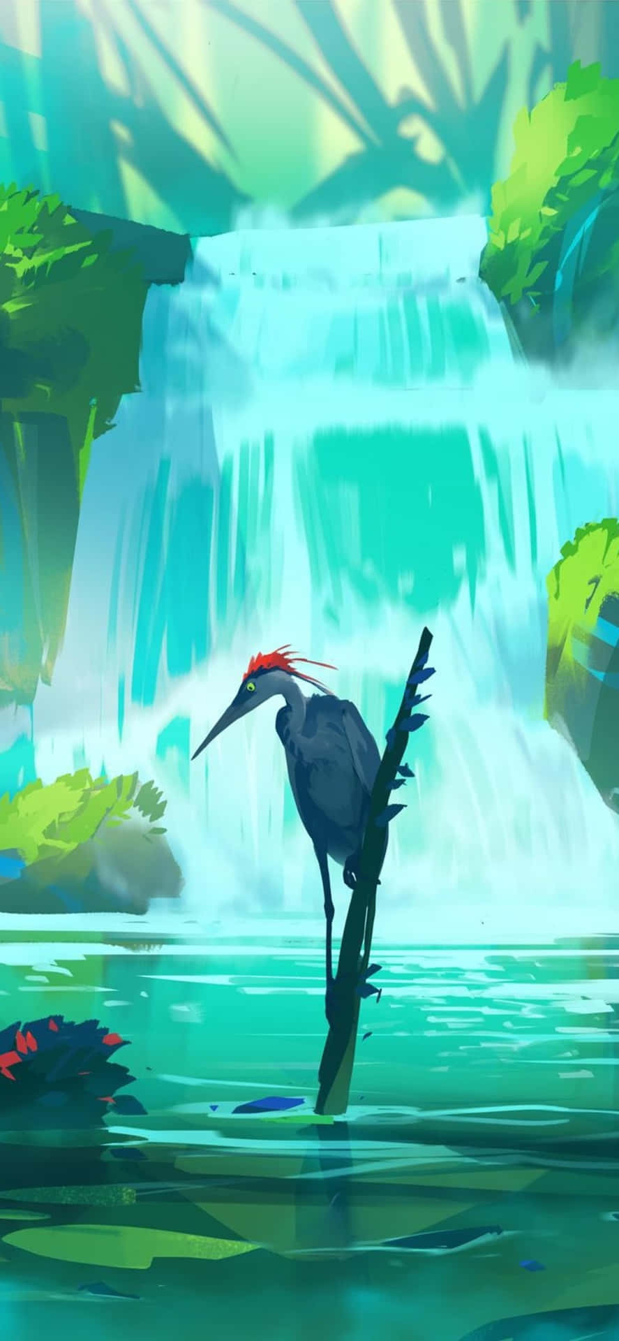 Serene Waterfall Heron Artwork