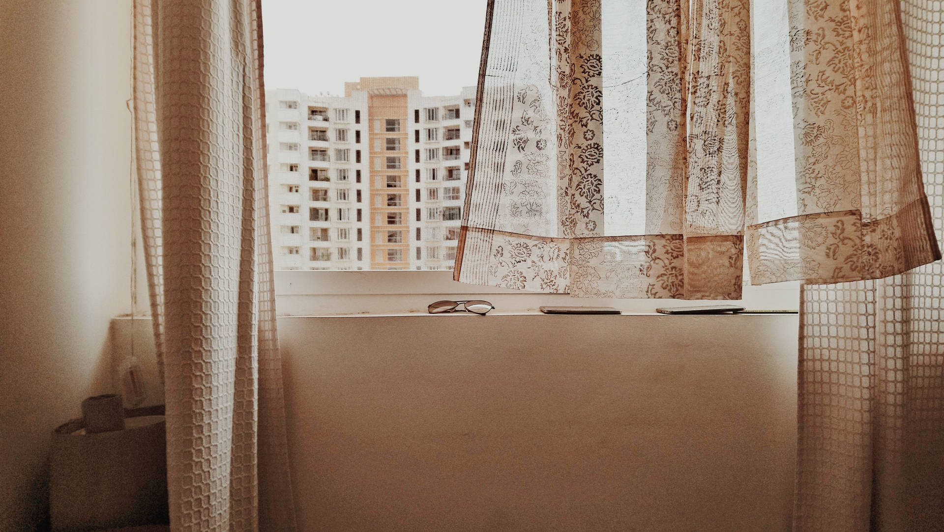 Serenity At Home: Beige Aesthetic Desktop With Open Curtain View