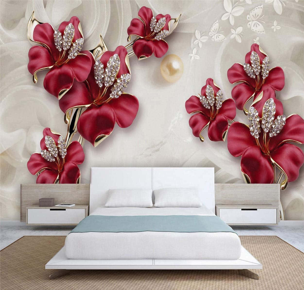 Serenity In Sleep: Elegant White Floating Bed Illuminated Amid Oversized Flowers Background