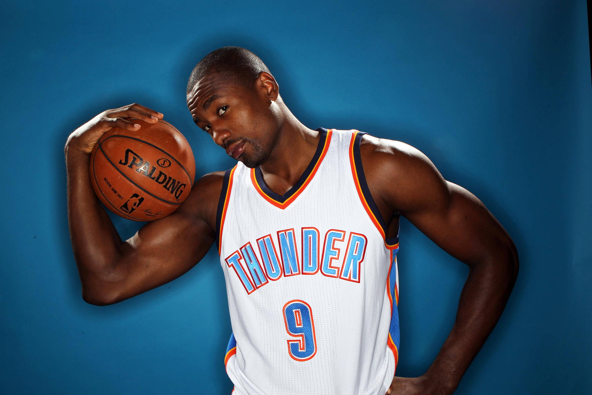 Serge Ibaka In Full Flight During A Thunder Game Background
