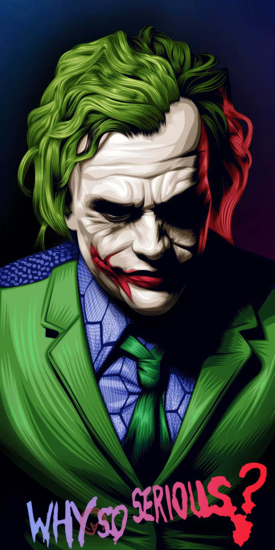 Serious-looking Joker Wearing Green And Blue Suit Background