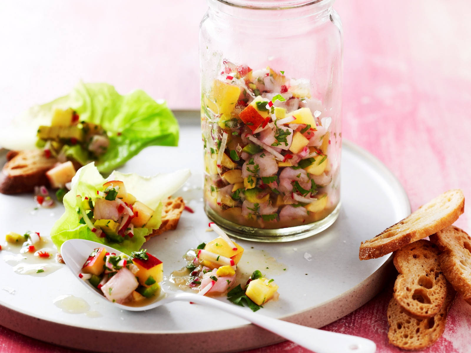 Served Dish With A Jar Of Ceviche Background