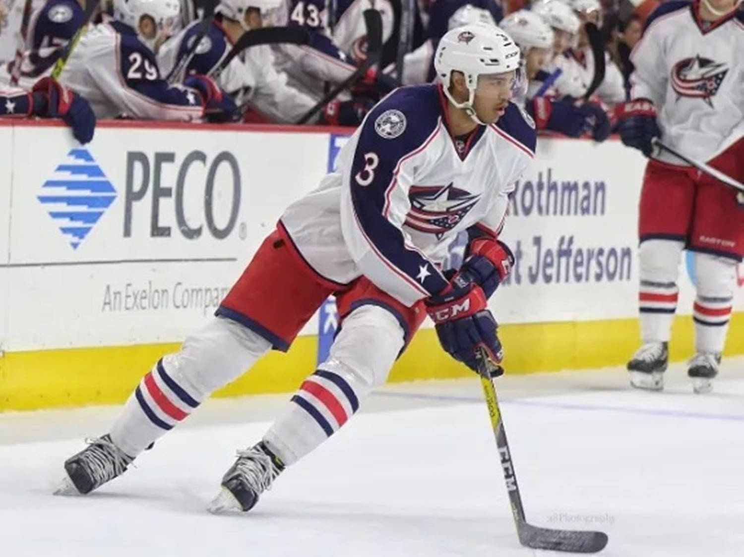 Seth Jones From Columbus Blue Jackets Leaning To The Left With Hockey Stick