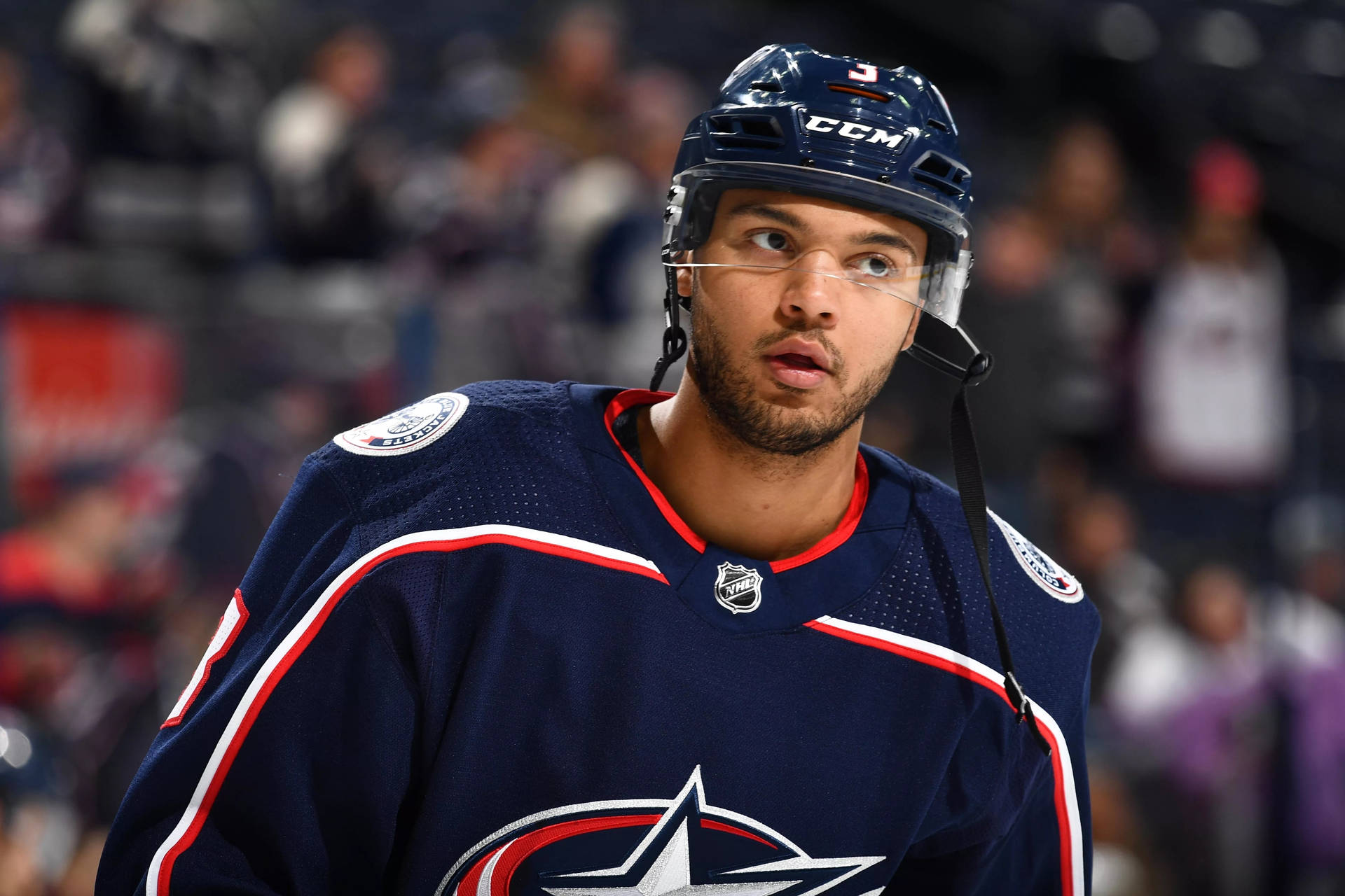 Seth Jones Leaning To The Left While Looking Forward