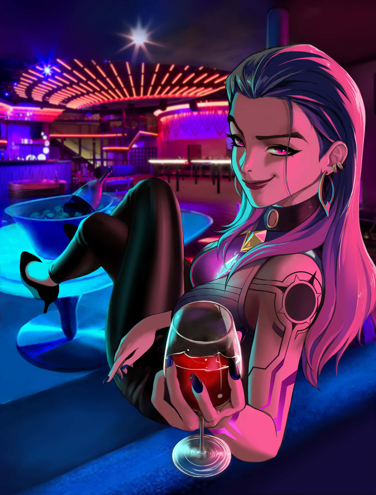 Sexy Lady With A Smug Face Drinking Inside The Bar Background