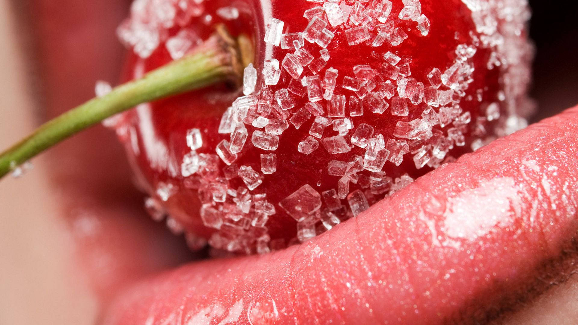 Sexy Sugar Coated Cherry On Mouth Background