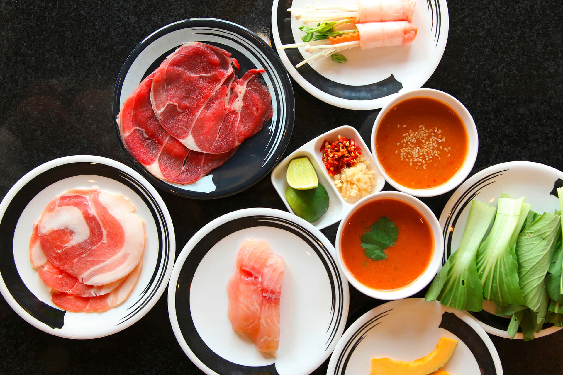 Shabu-shabu Ingredients In Platters Background