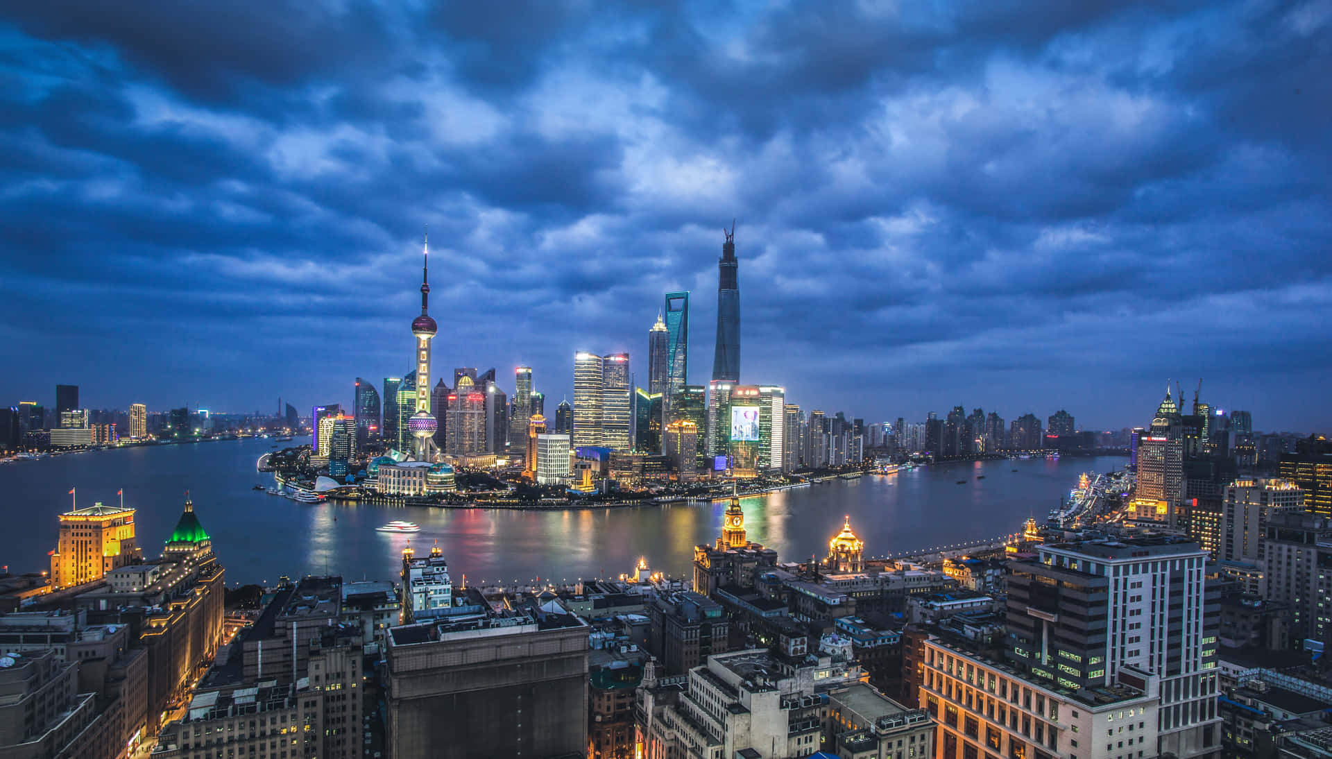 Shanghai Skyline Twilight View Background