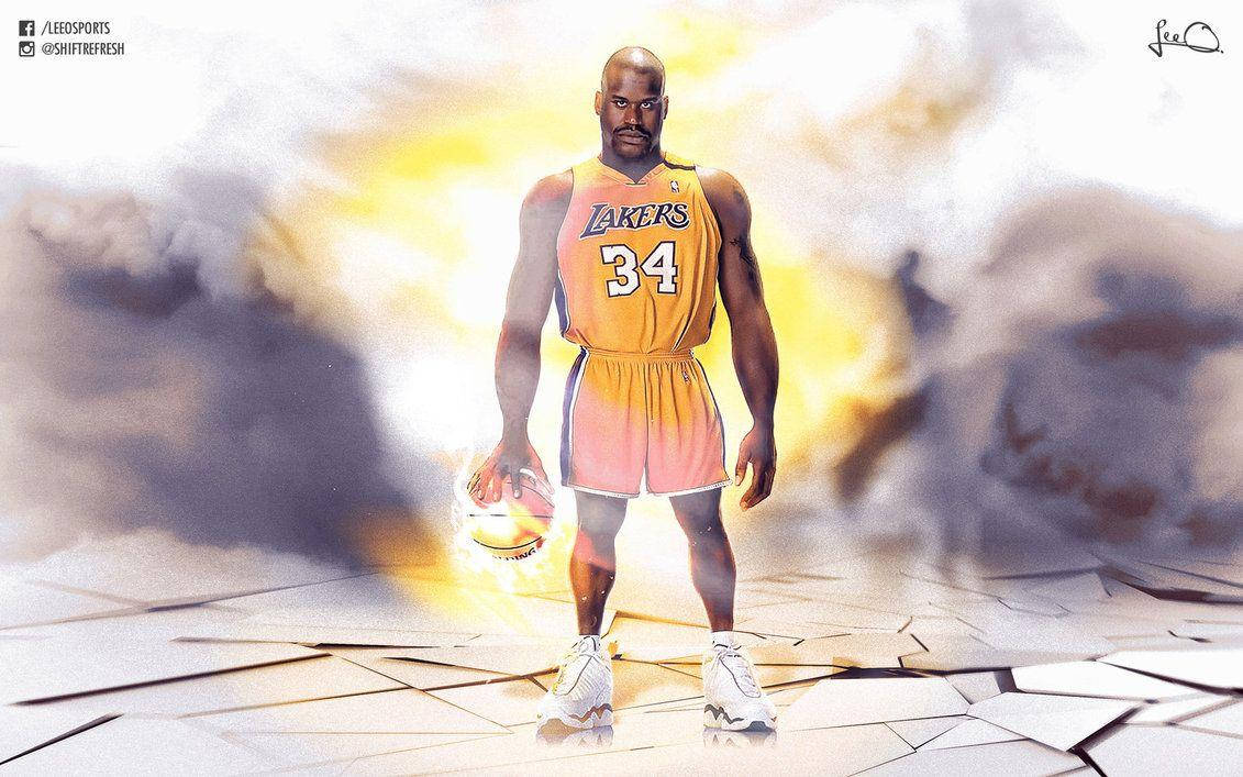 Shaquille O'neal Ignites The Court In Fiery Digital Art Background