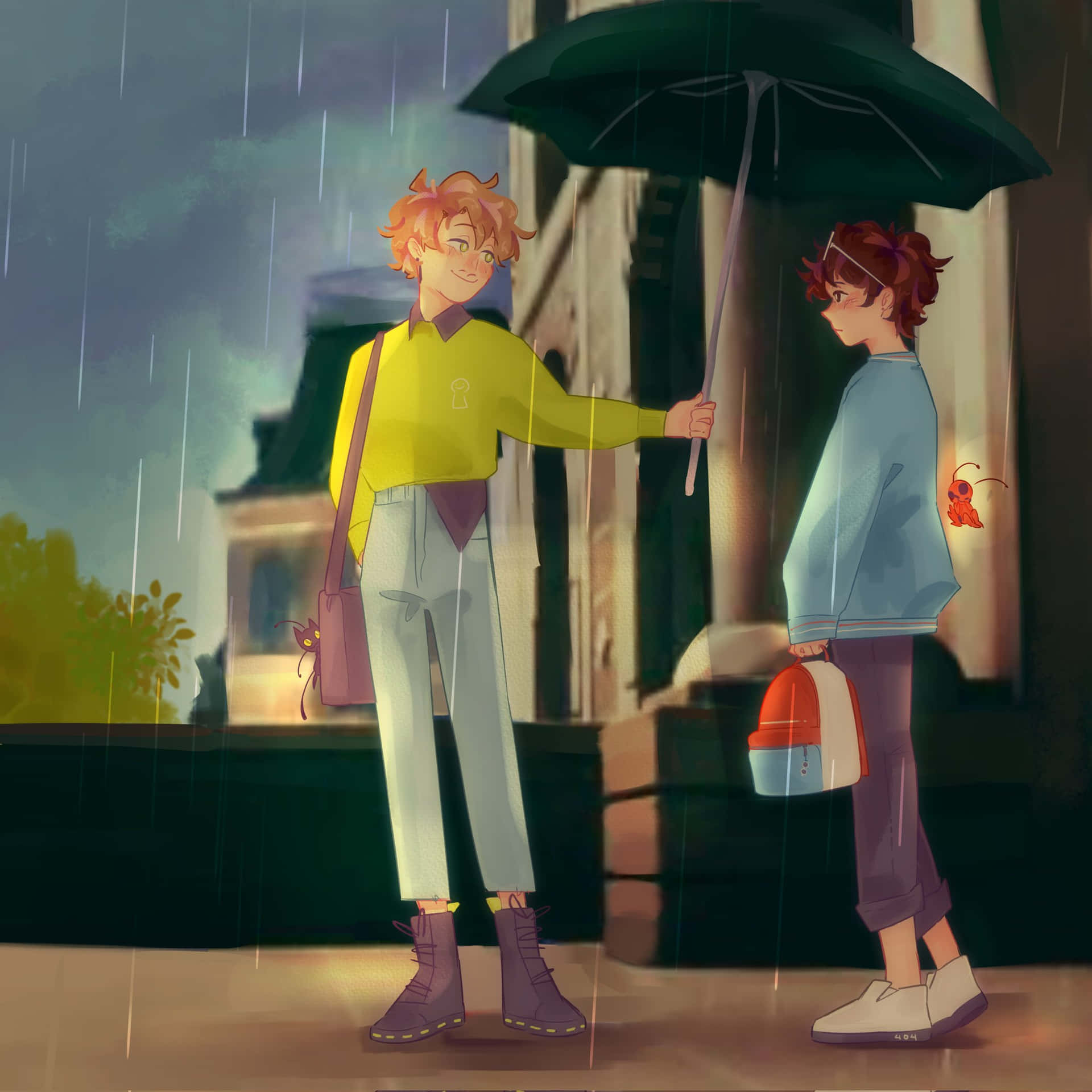 Sharing Umbrellain Rain Background