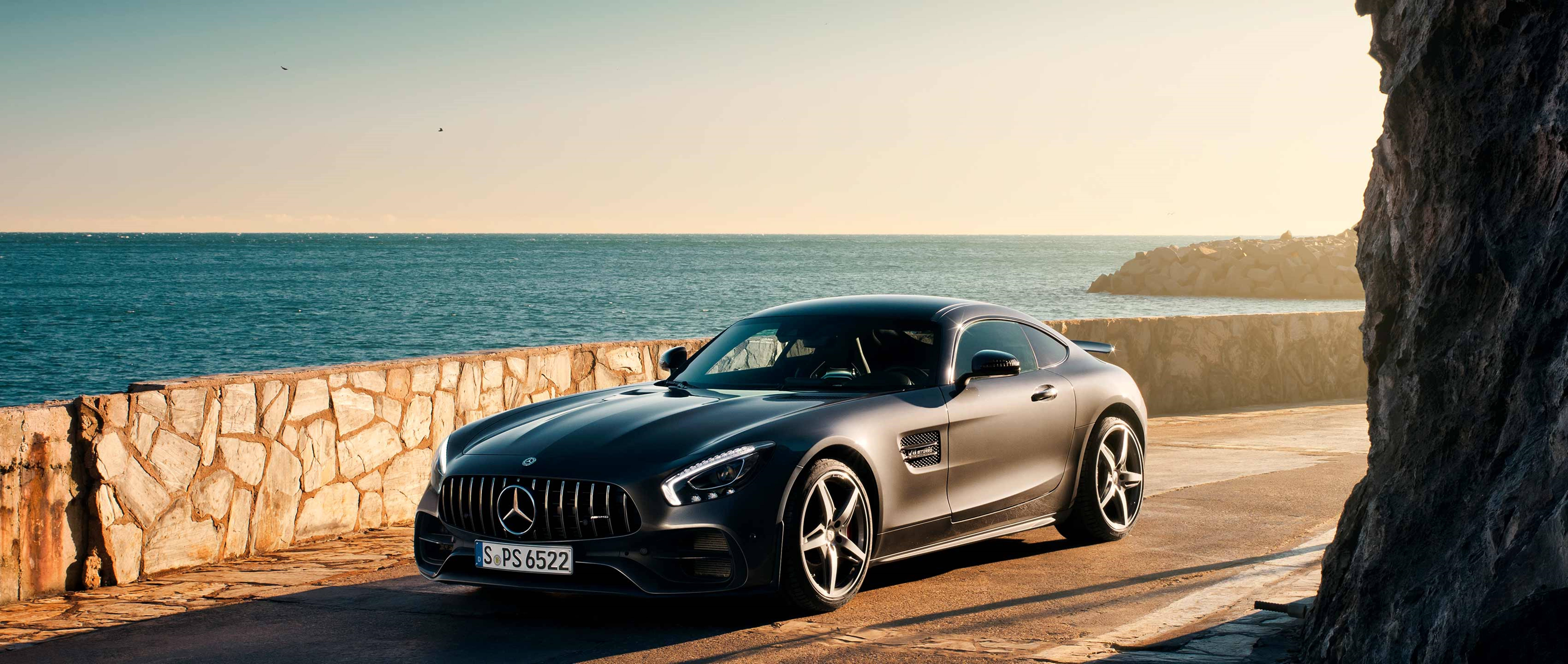 Sharp And Luxurious - Mercedes Amg On Open 4k Road By The Breathtaking Sea Side View. Background