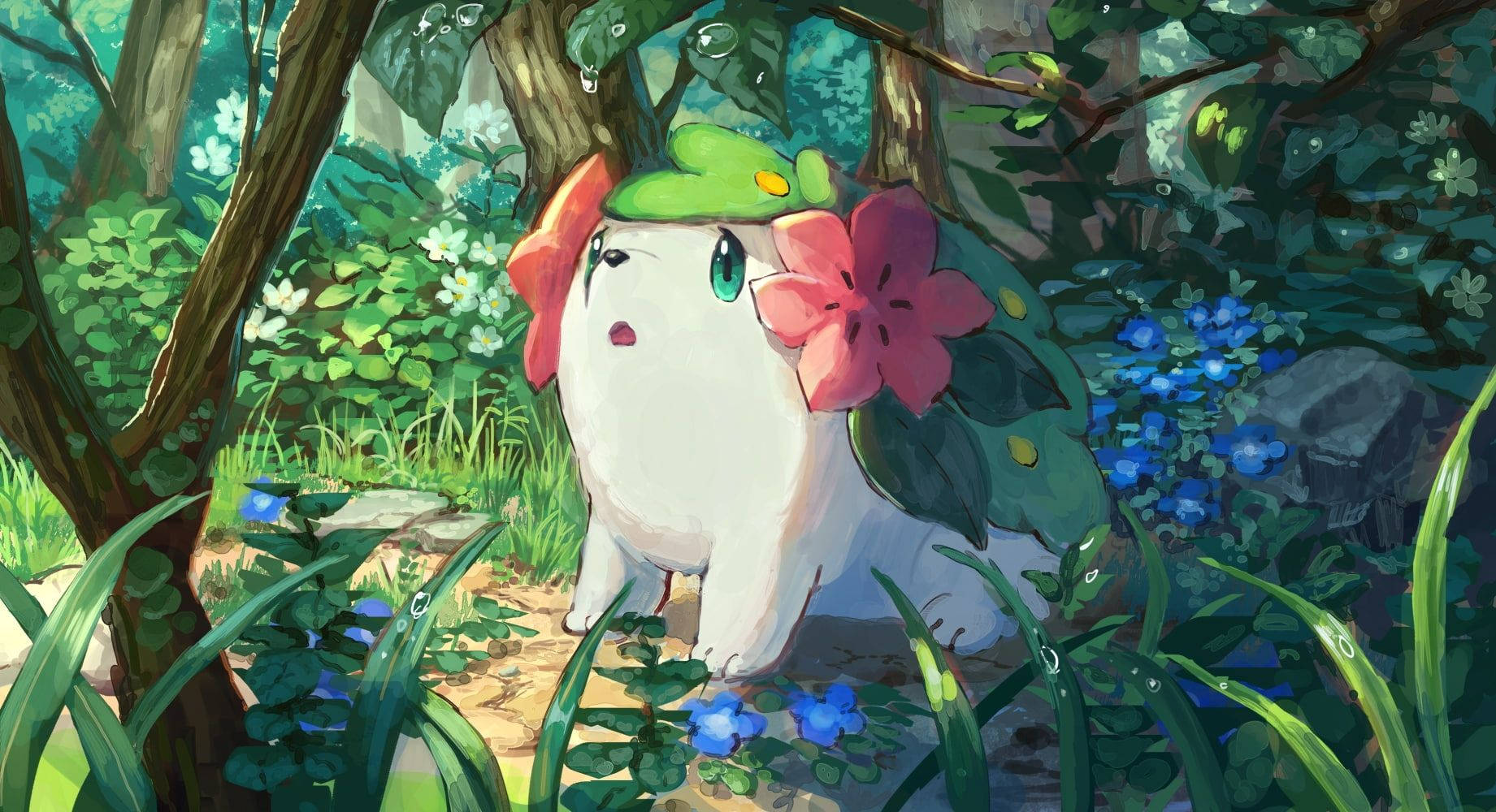 Shaymin Looking Up Forest Background