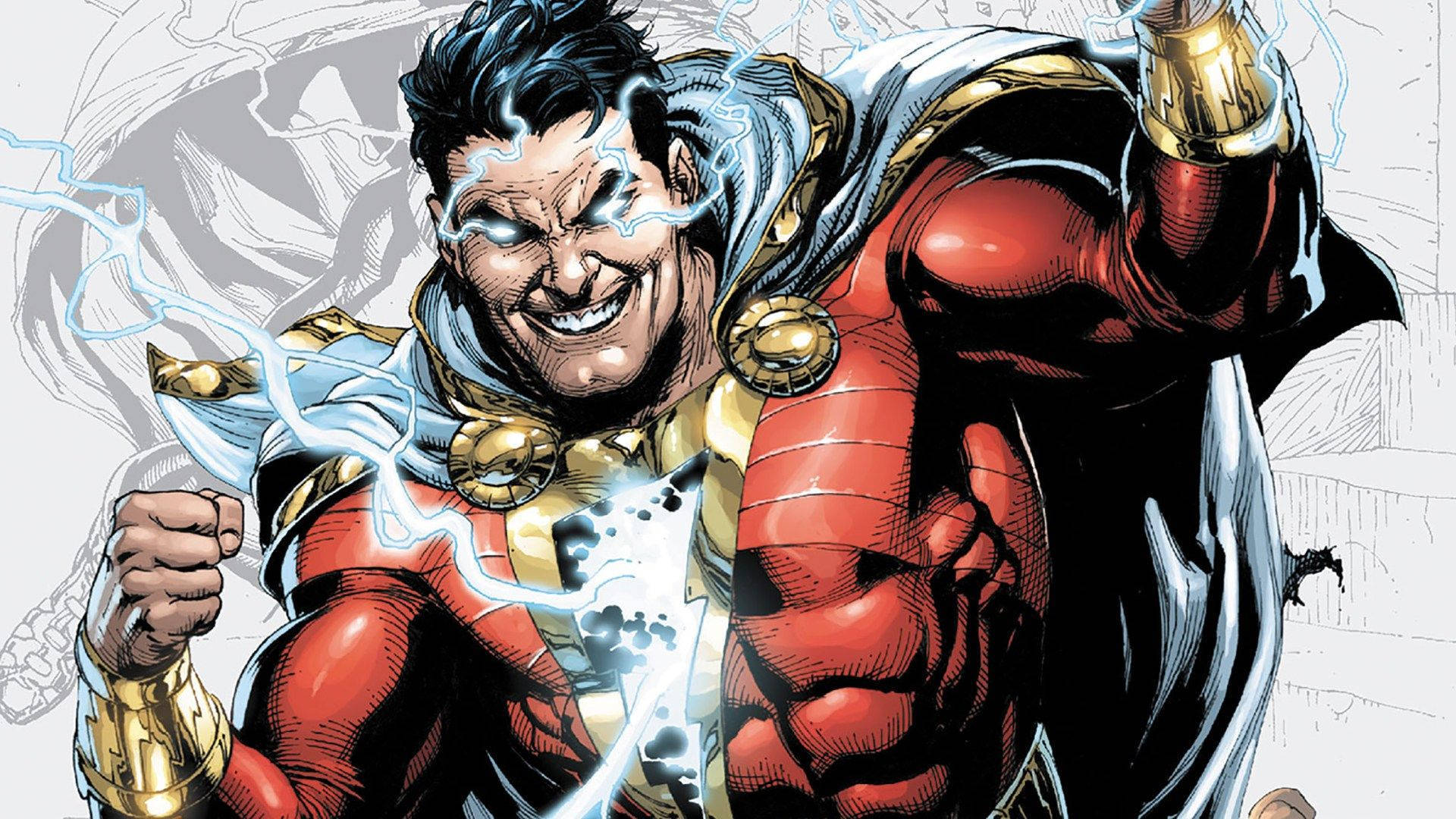 Shazam Unleashing His Power Against A Vivid Blue Night Sky.