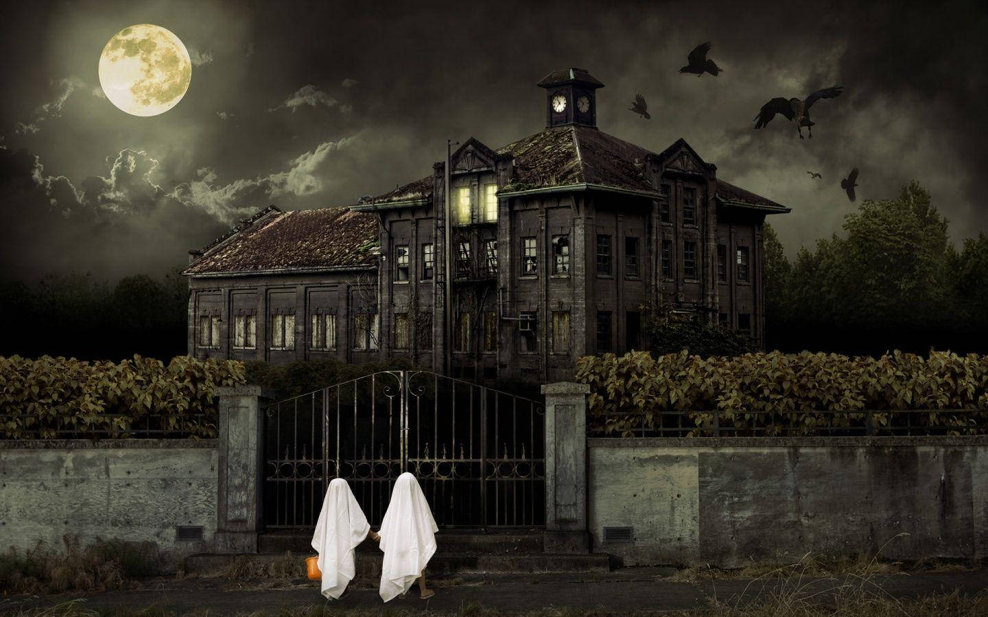 Sheet Ghosts Outside Haunted House Background