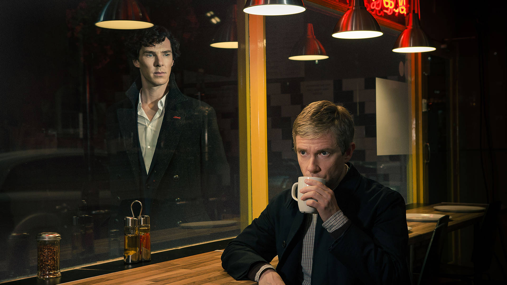 Sherlock John Watson At Diner Background