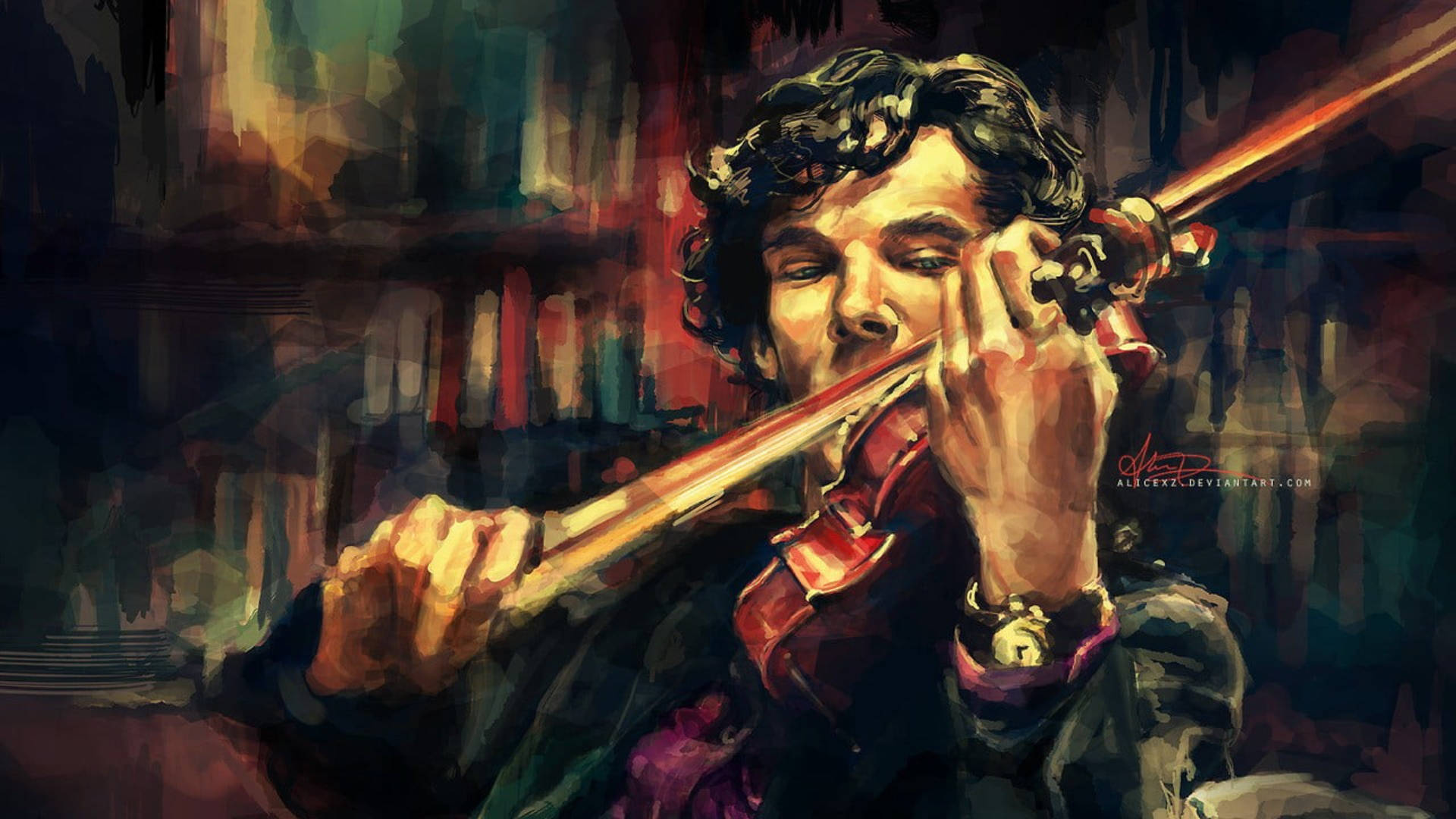 Sherlock Playing Violin Oil Painting Background