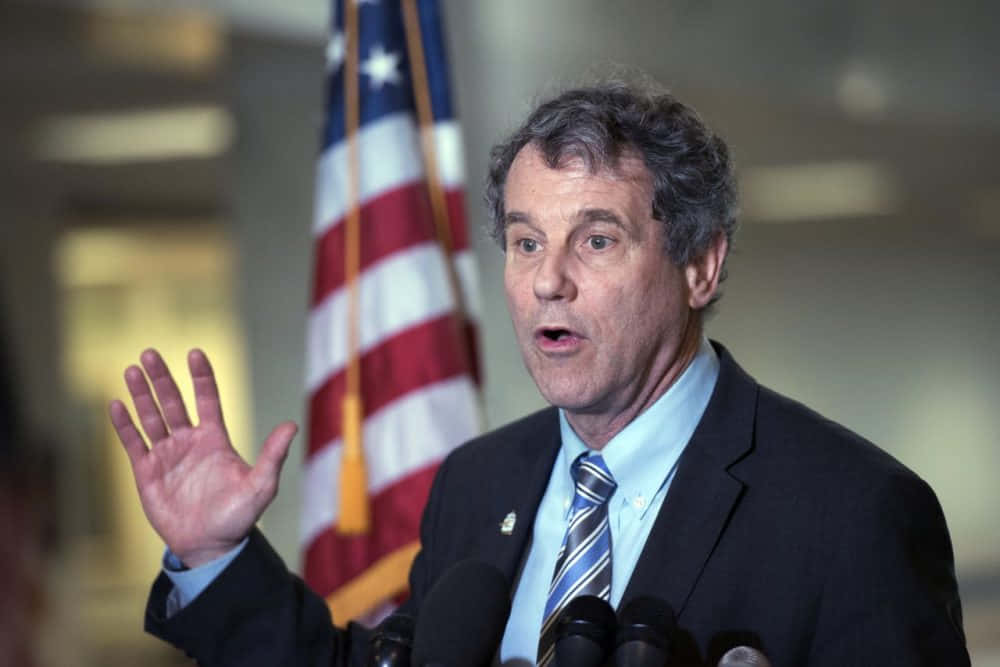 Sherrod Brown Proudly Standing Against The Backdrop Of The U.s. Flag Background