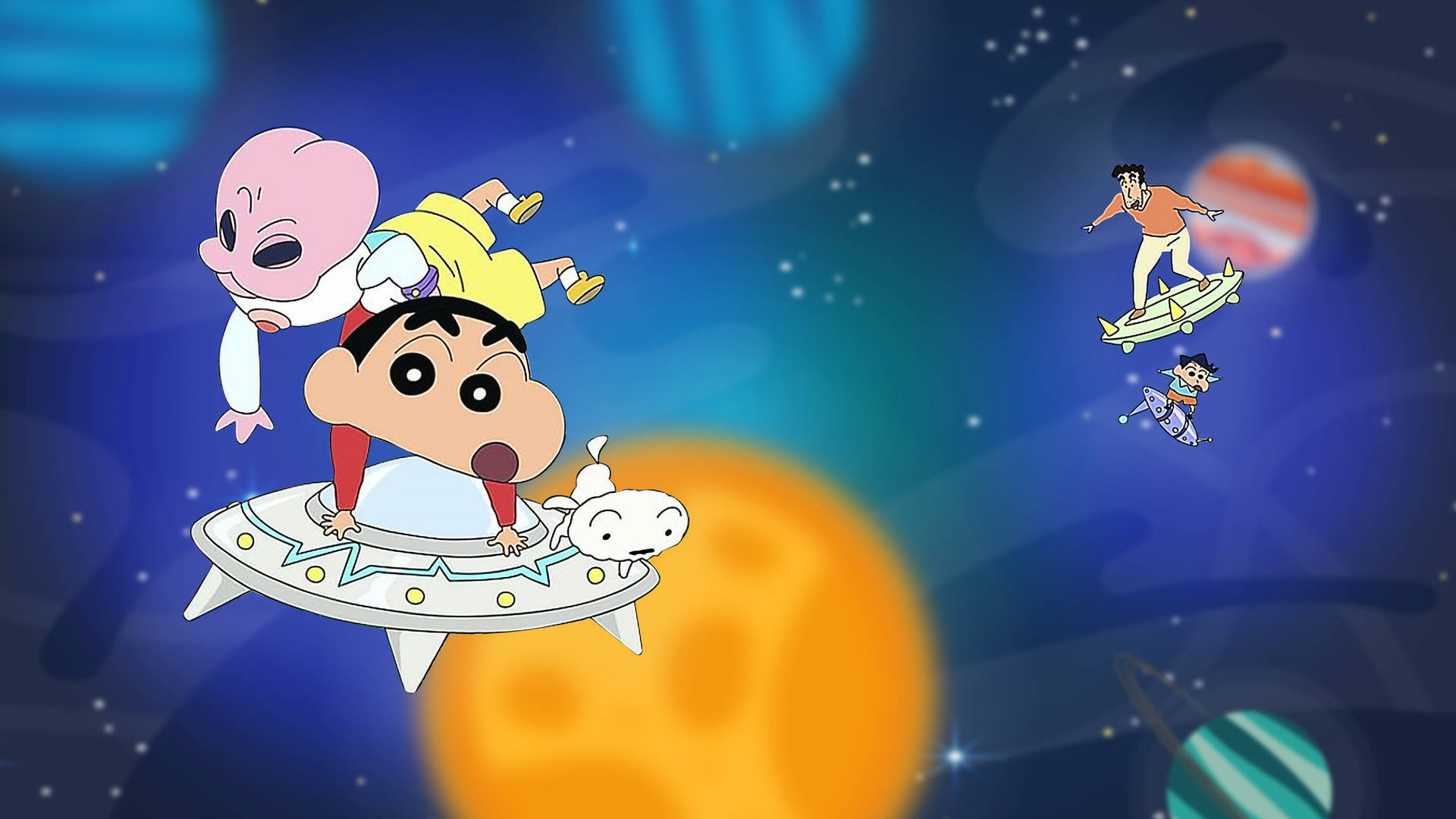 Shin Chan Cartoon Family In Space Background