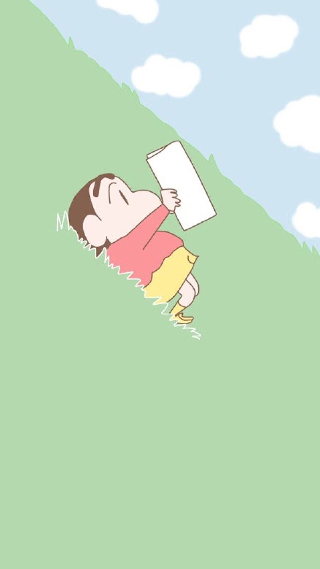 Shin Chan Iphone Reading On Hill Background
