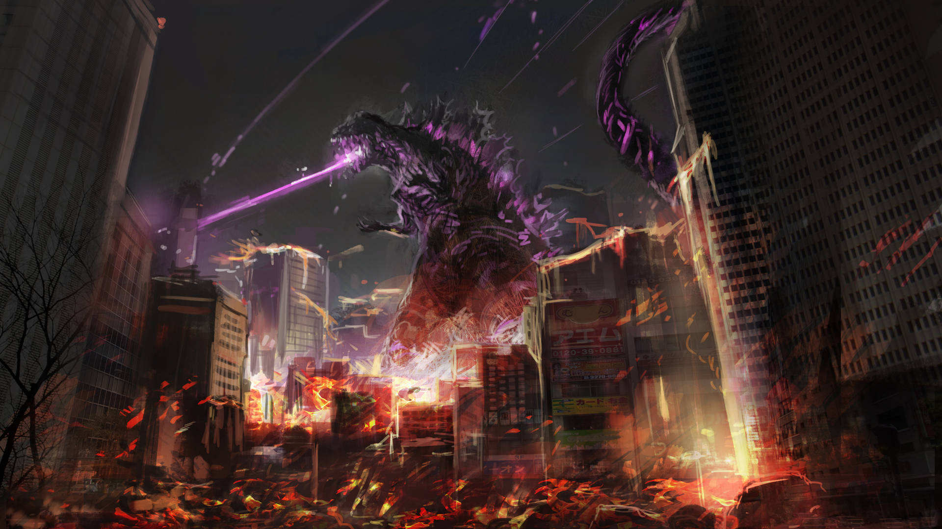 Shin Godzilla Destroying City With Atomic Breath Background