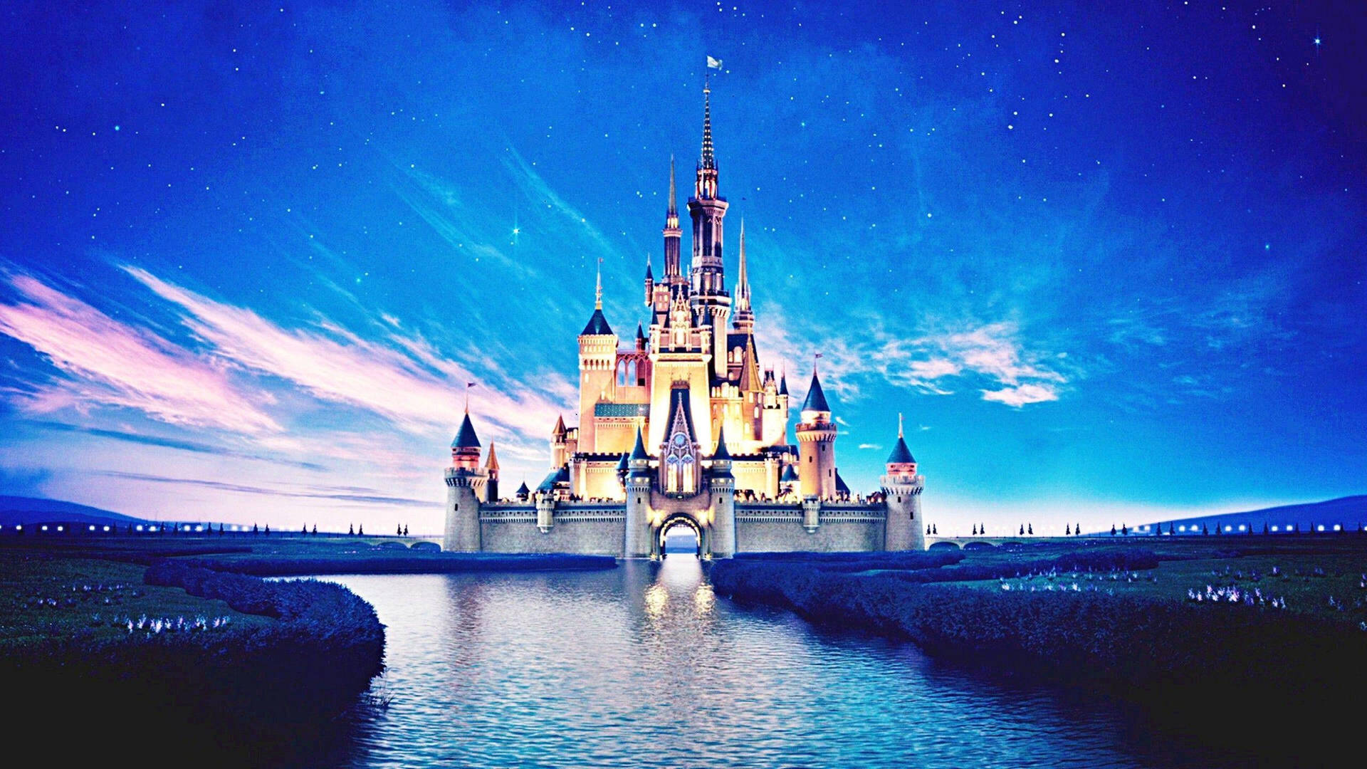 Shining Disneyland Castle And Lake Background