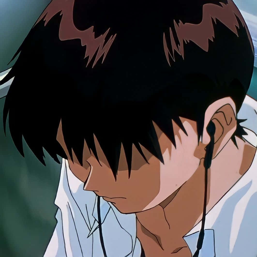 Shinji Ikari Contemplating With Headphones On Background
