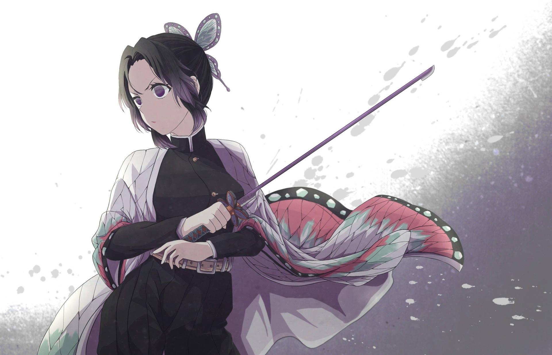 Shinobu From Demon Slayer Bravely Wielding Her Sword Background