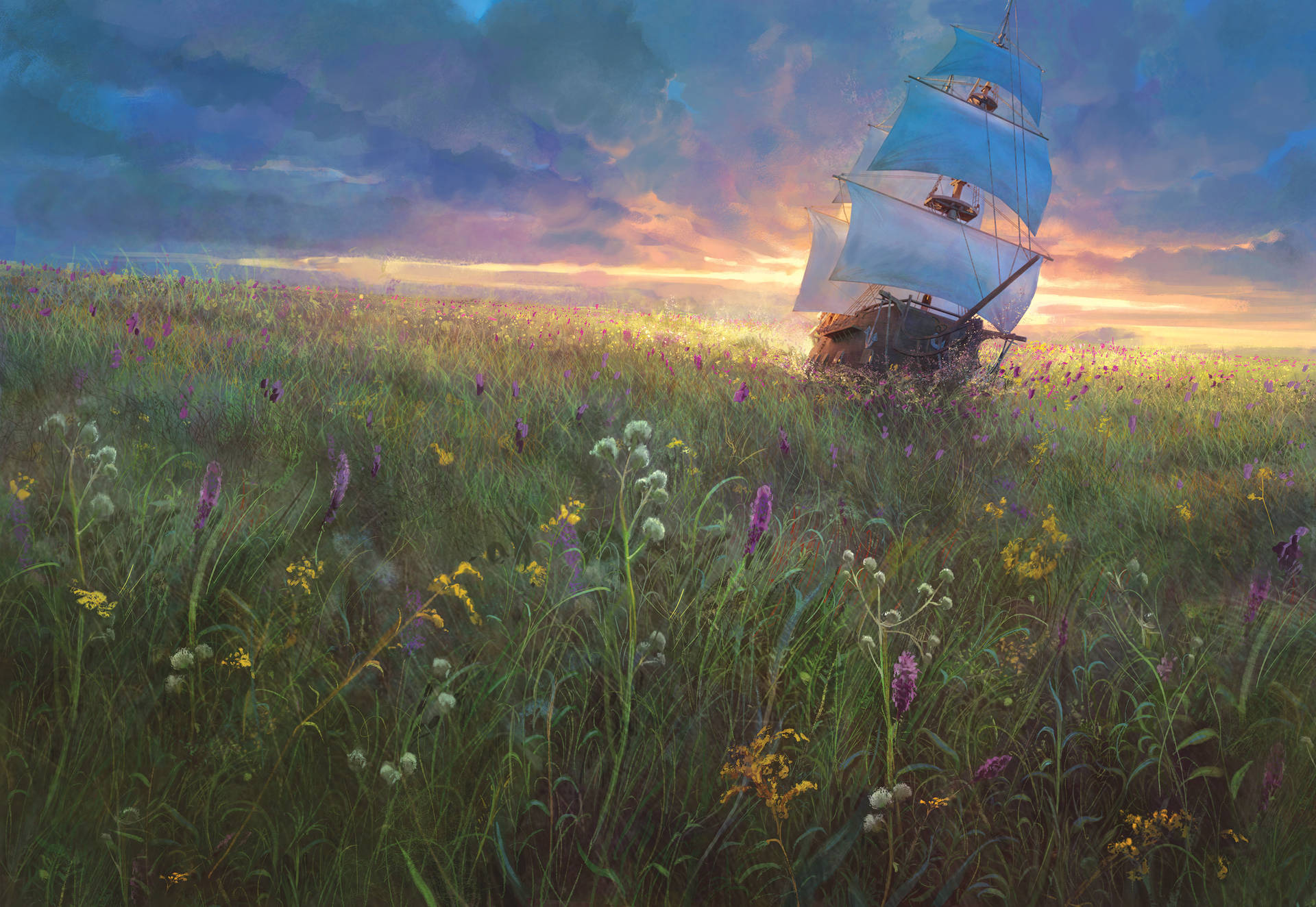 Ship And Flowers Art Background