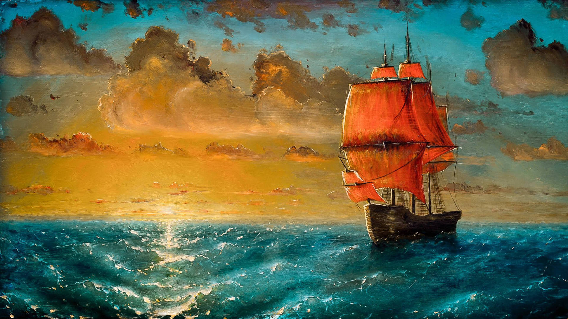 Ship And Sunset Paint Art Background