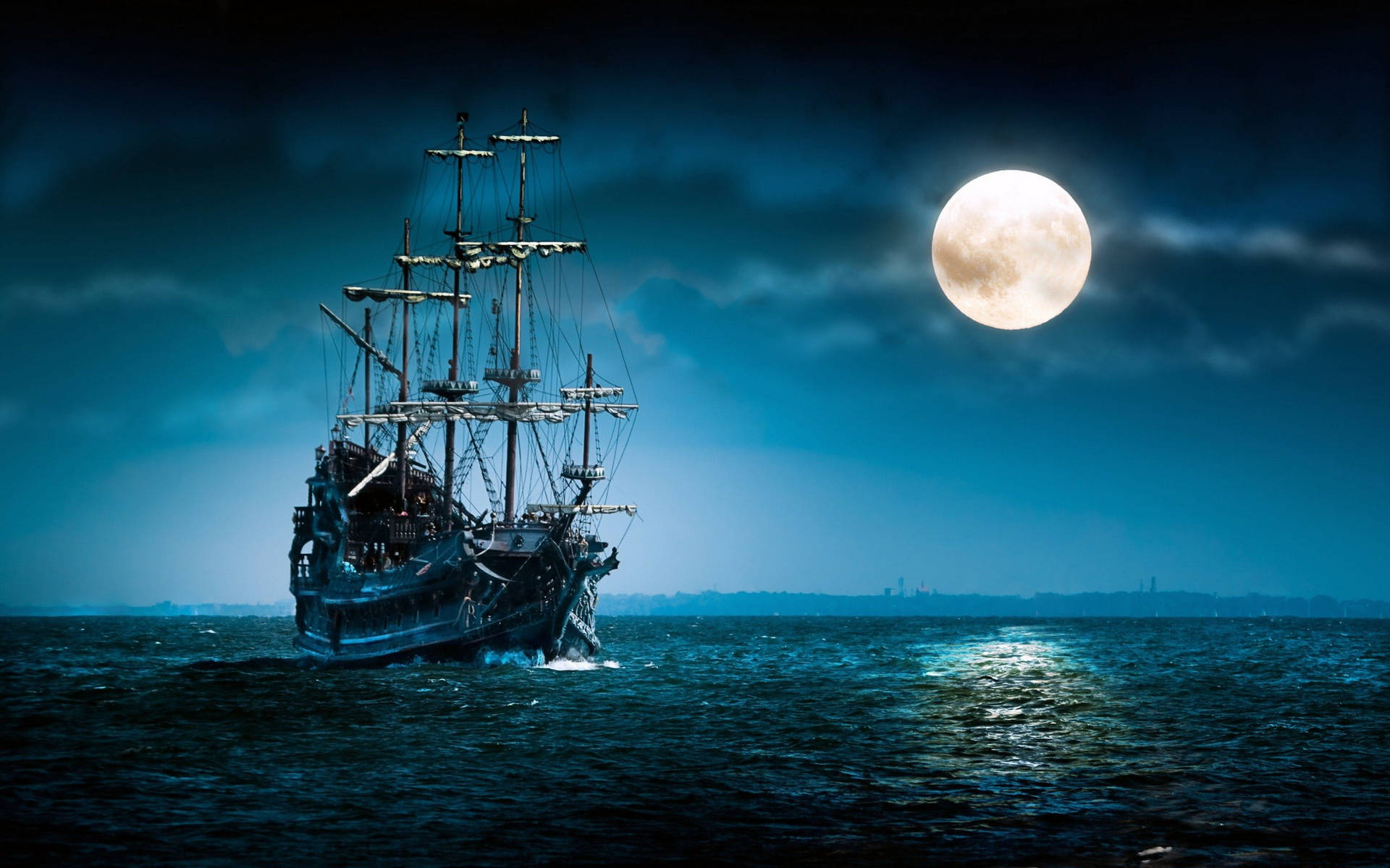 Ship With Full Moon Background