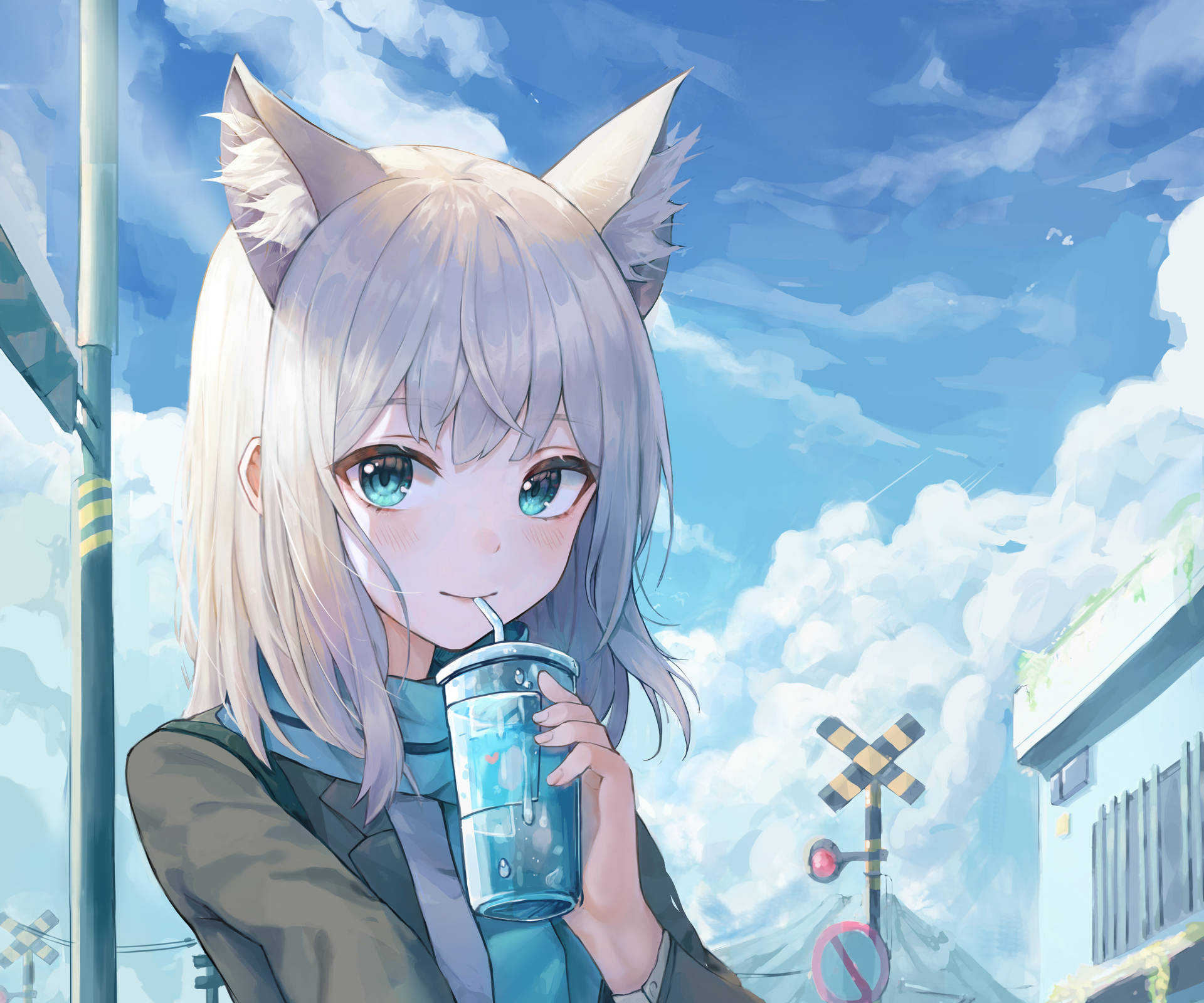 Shiroko From Blue Archive Enjoying A Beverage Background