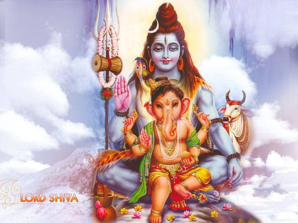 Shiv Parivar Ganesha Sitting On Clouds Background