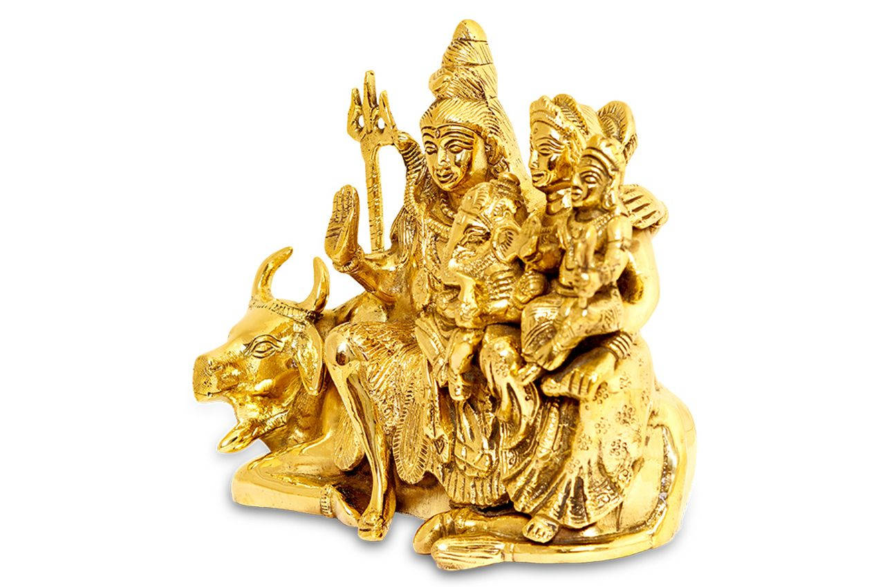 Shiv Parivar Gold Statue Cow Background