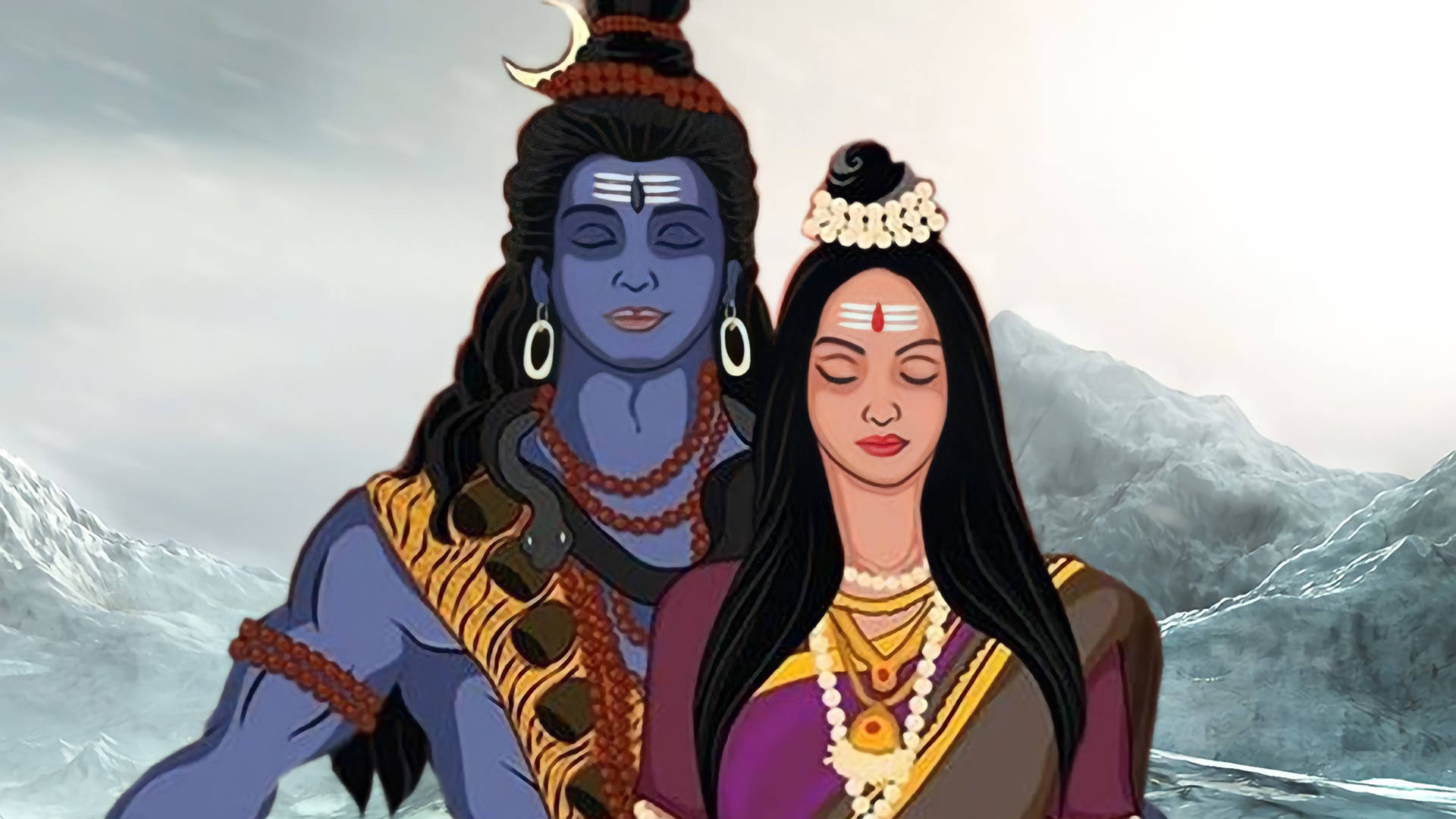 Shiv Parvati Hd Against Snowy Mountain Background