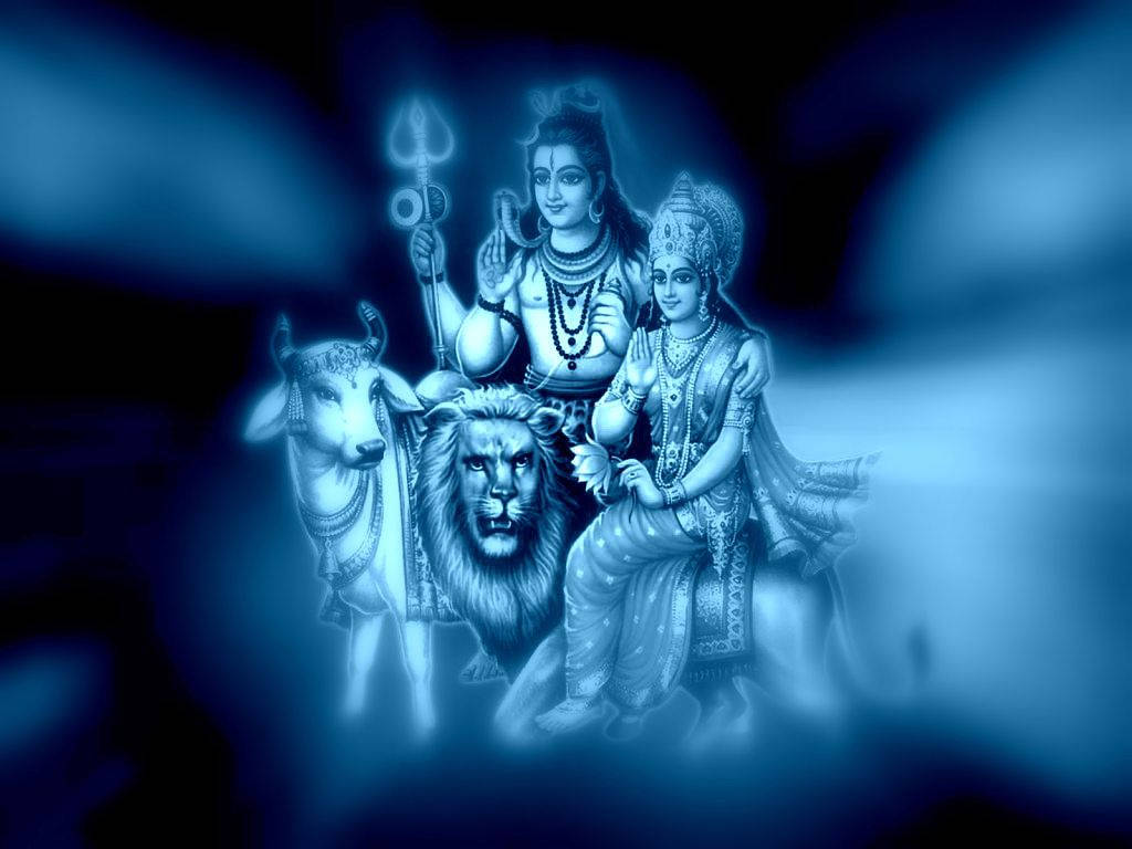 Shiva And Parvati On Animals Background