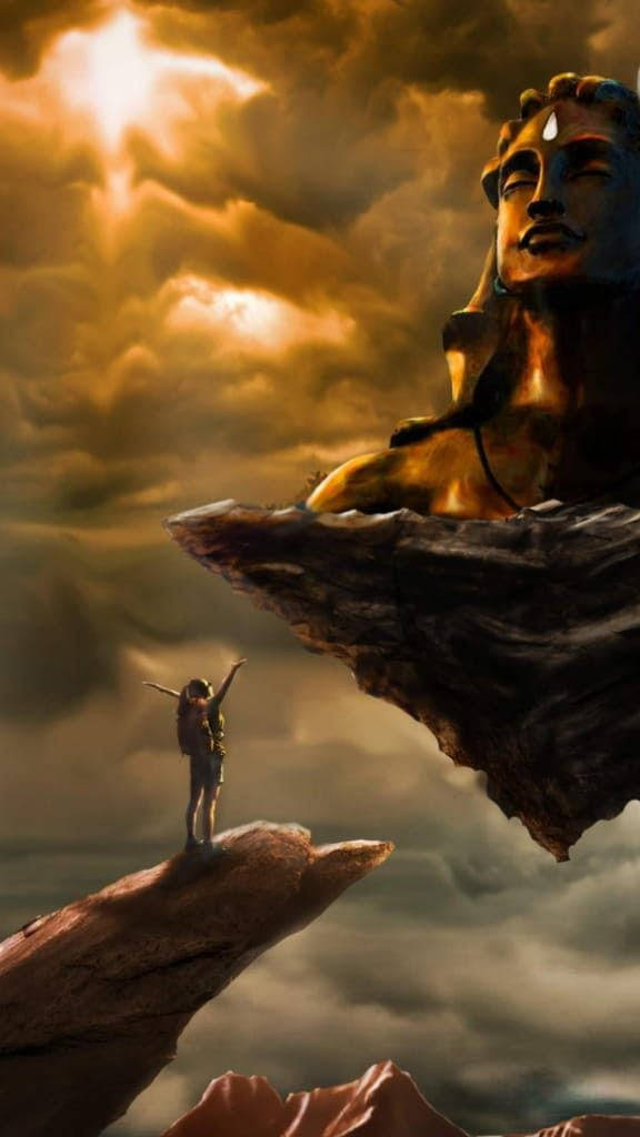 Shiva Iphone Woman Looking At Floating Statue Background