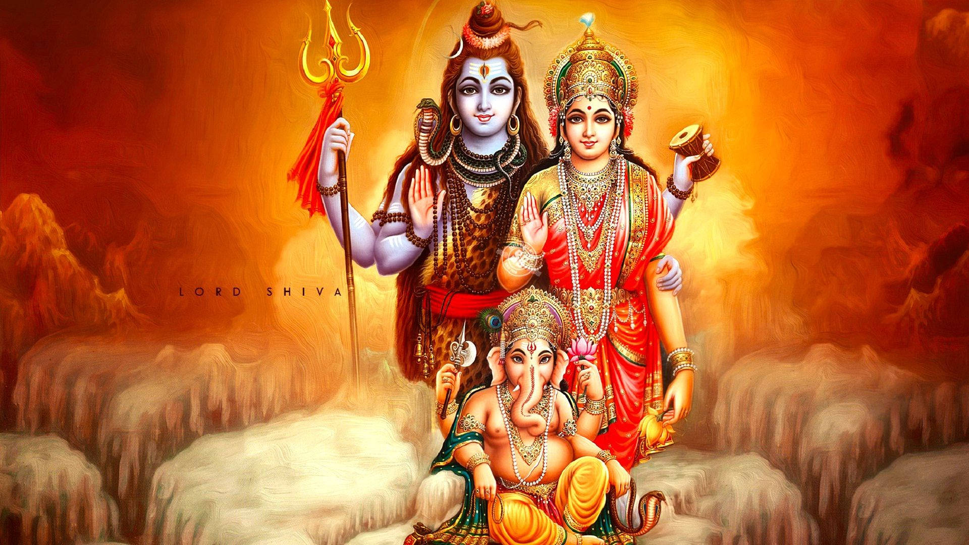 Shiva Parvati Ganesha Red And Orange Backdrop Background