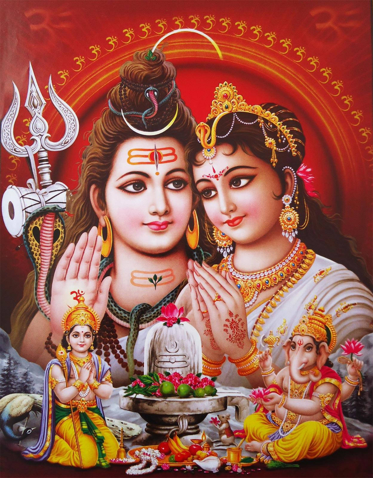 Shiva Parvati With Ganesha And Kartikeya Background